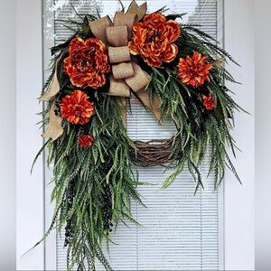 Orange and Green Floral Wreath with Burlap Bow